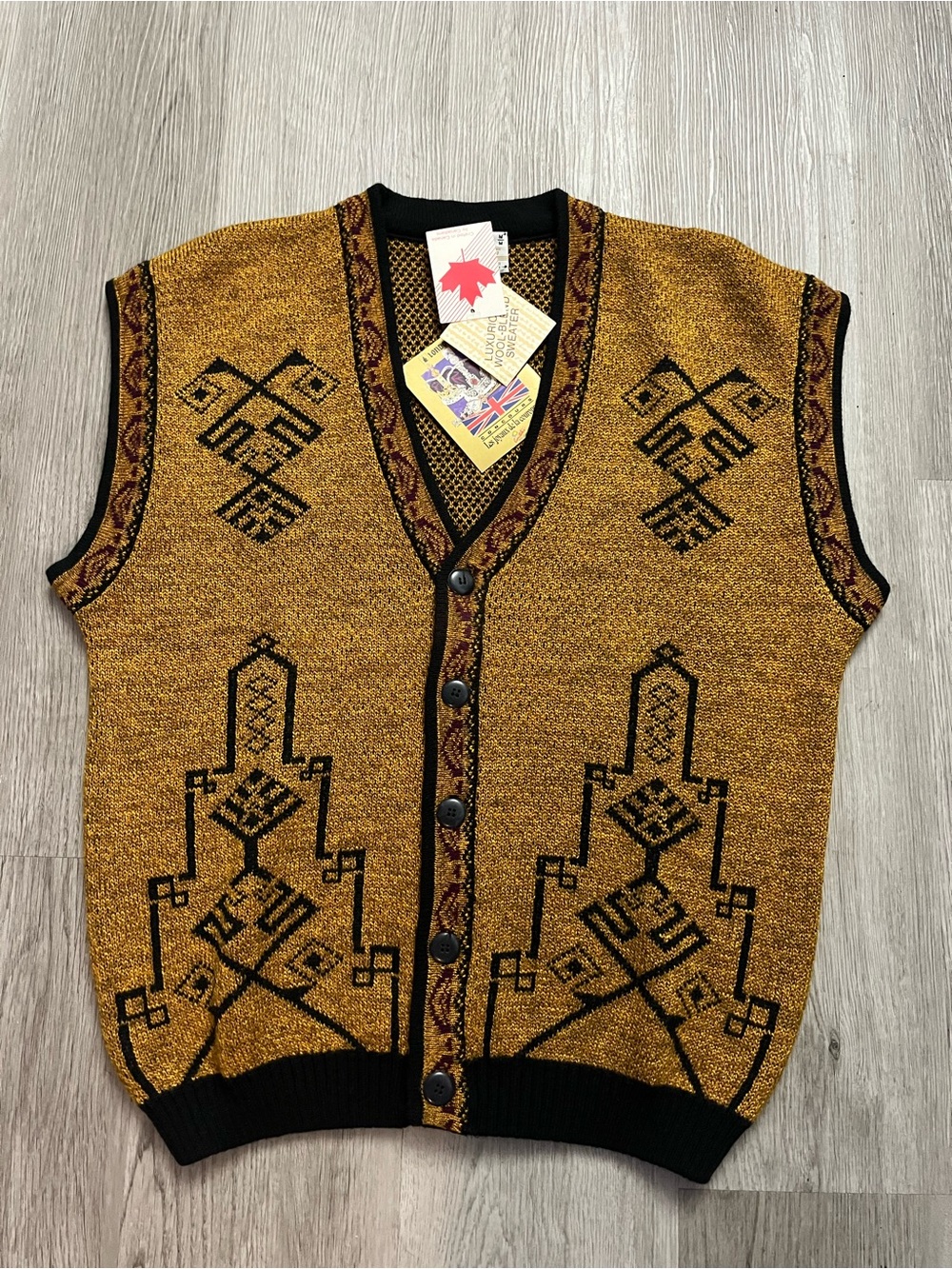 236–NWT London Fog Mustard Yellow and Black Knit Button Vest